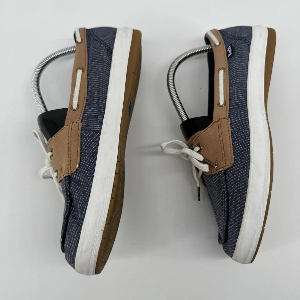 Keds Coastal Preppy Boat Shoes Navy Stripe Tan Trim Lace Up Comfort Size 8 Foam